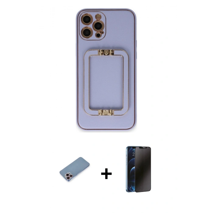 MARSİLYAN™- iPhone 12 Pro Kılıf Kozmos Minimal Prime - Siyah 3D Antistatik Hayalet Cam Ekran Koruyucu + Pembe Shine Kamera Lens Koruma Cam