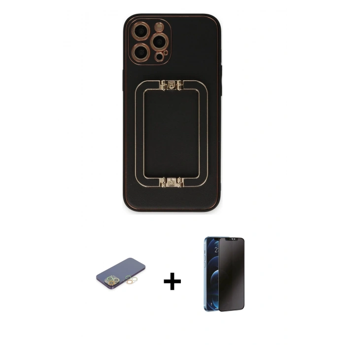 MARSİLYAN™- iPhone 12 Pro Kılıf Kozmos Minimal Prime - Siyah 3D Antistatik Hayalet Cam Ekran Koruyucu + Renkli Kamera Lens Koruma Cam - SI
