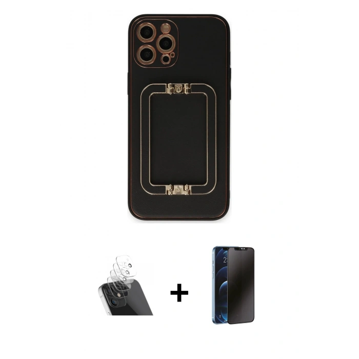 MARSİLYAN™- iPhone 12 Pro Kılıf Kozmos Minimal Prime - Siyah 3D Antistatik Hayalet Cam Ekran Koruyucu + Kamera Lens Koruma Cam - SF