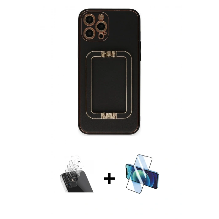 MARSİLYAN™- iPhone 12 Pro Kılıf Kozmos Minimal Prime - Siyah 3D Antistatik Seramik Nano Ekran Koruyucu + Kamera Lens Koruma Cam - SF
