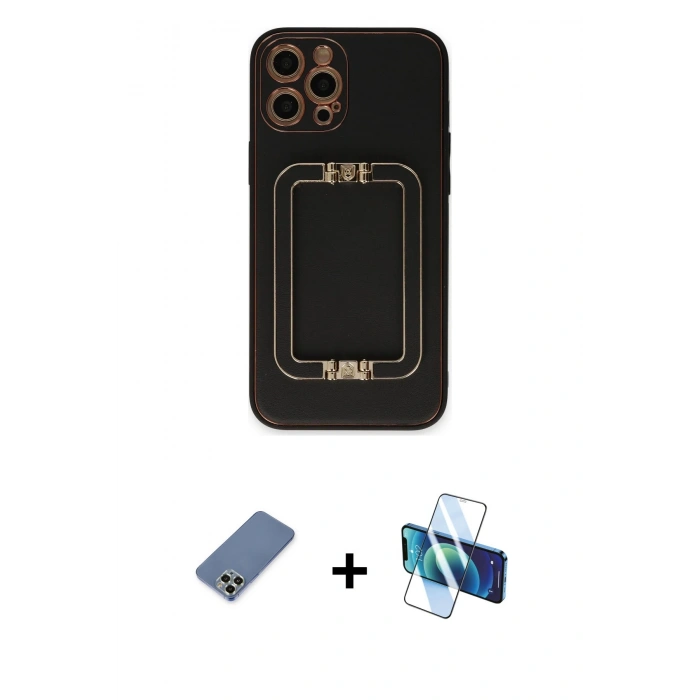 MARSİLYAN™- iPhone 12 Pro Kılıf Kozmos Minimal Prime - Siyah 3D Antistatik Seramik Nano Ekran Koruyucu + Metal Kamera Lens Koruma Cam - AKYL