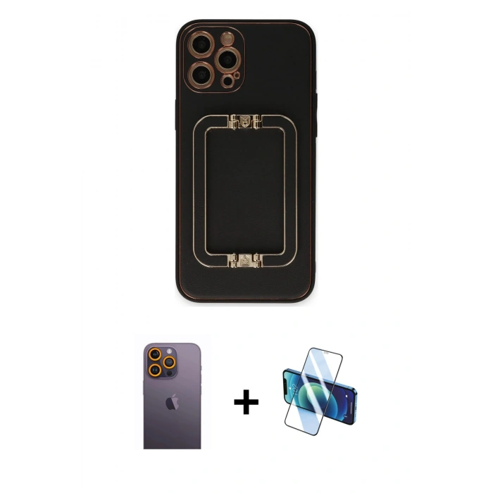 MARSİLYAN™- iPhone 12 Pro Kılıf Kozmos Minimal Prime - Siyah 3D Antistatik Seramik Nano Ekran Koruyucu + Neon Fosforlu Kamera Lens - SI