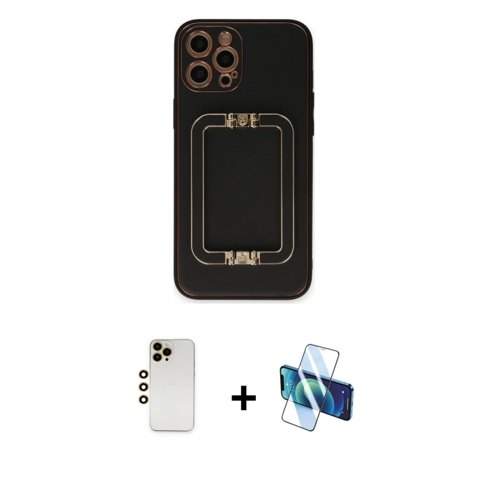 MARSİLYAN™- iPhone 12 Pro Kılıf Kozmos Minimal Prime - Siyah 3D Antistatik Seramik Nano Ekran Koruyucu + Shine Kamera Lens - GD