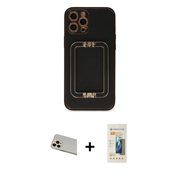 MARSİLYAN™- iPhone 12 Pro Kılıf Kozmos Minimal Prime - Siyah 6D Mat Seramik Hayalet Nano Ekran Koruyucu + Gold Rainbow Kamera Lens Koruma Cam