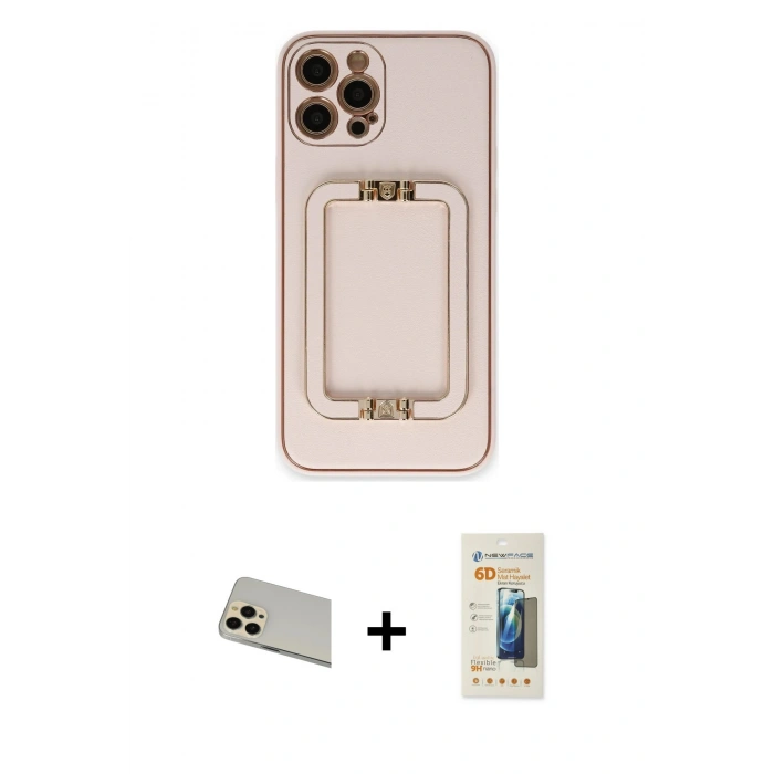 MARSİLYAN™- iPhone 12 Pro Kılıf Kozmos Minimal Prime - Siyah 6D Mat Seramik Hayalet Nano Ekran Koruyucu + Gold Rainbow Kamera Lens Koruma Cam