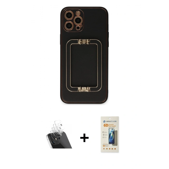MARSİLYAN™- iPhone 12 Pro Kılıf Kozmos Minimal Prime - Siyah 6D Mat Seramik Hayalet Nano Ekran Koruyucu + Kamera Lens Koruma Cam - SF