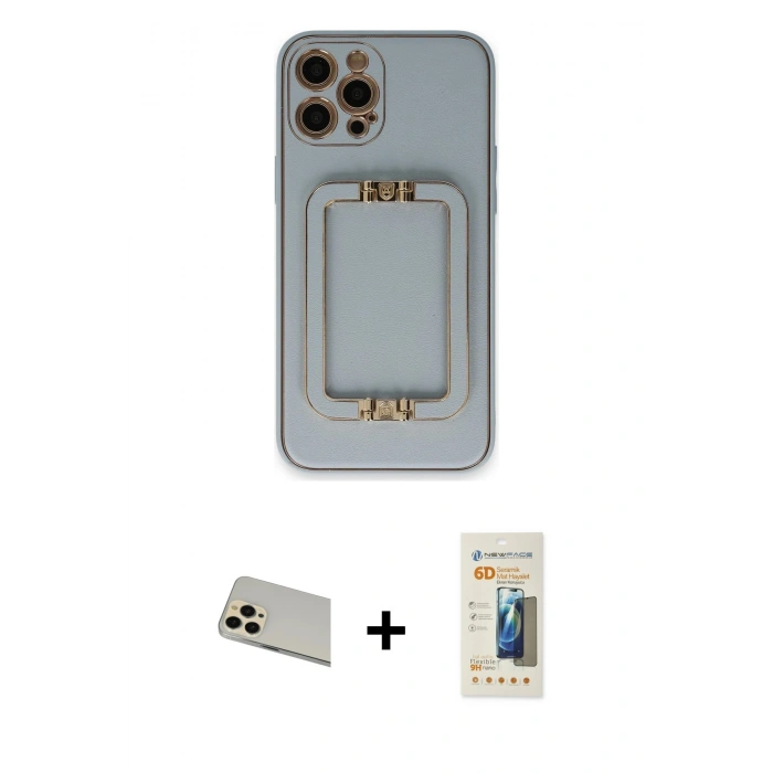 MARSİLYAN™- iPhone 12 Pro Kılıf Kozmos Minimal Prime - Siyah 6D Mat Seramik Hayalet Nano Ekran Koruyucu + Gold Rainbow Kamera Lens Koruma Cam