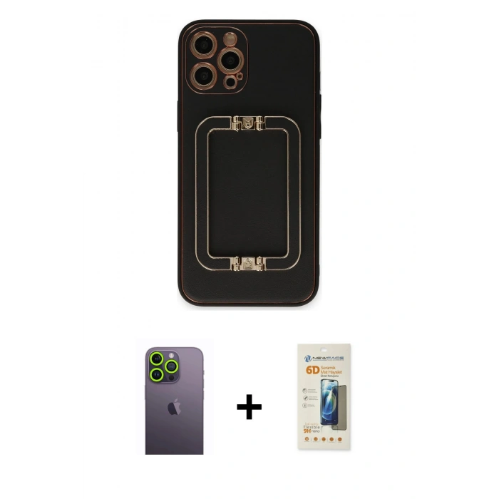 MARSİLYAN™- iPhone 12 Pro Kılıf Kozmos Minimal Prime - Siyah 6D Mat Seramik Hayalet Nano Ekran Koruyucu + Neon Fosforlu Kamera Lens - YL