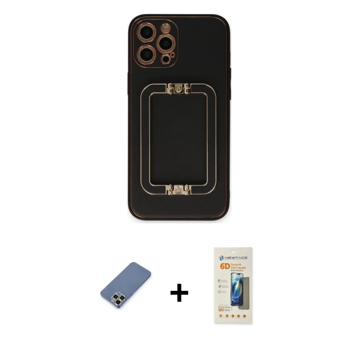MARSİLYAN™- iPhone 12 Pro Kılıf Kozmos Minimal Prime - Siyah 6D Mat Seramik Hayalet Nano Ekran Koruyucu + Metal Kamera Lens Koruma Cam - AKYL