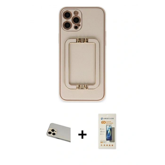 MARSİLYAN™- iPhone 12 Pro Kılıf Kozmos Minimal Prime - Siyah 6D Mat Seramik Hayalet Nano Ekran Koruyucu + Gold Rainbow Kamera Lens Koruma Cam