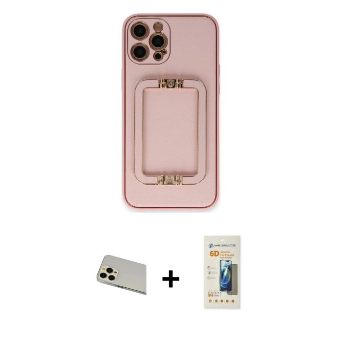 MARSİLYAN™- iPhone 12 Pro Kılıf Kozmos Minimal Prime - Siyah 6D Mat Seramik Hayalet Nano Ekran Koruyucu + Gold Rainbow Kamera Lens Koruma Cam