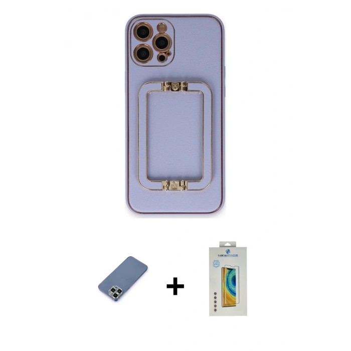MARSİLYAN™- iPhone 12 Pro Kılıf Kozmos Minimal Prime - Siyah Polymer Nano Ekran Koruyucu + Açık Yeşil Metal Kamera Lens Koruma Cam