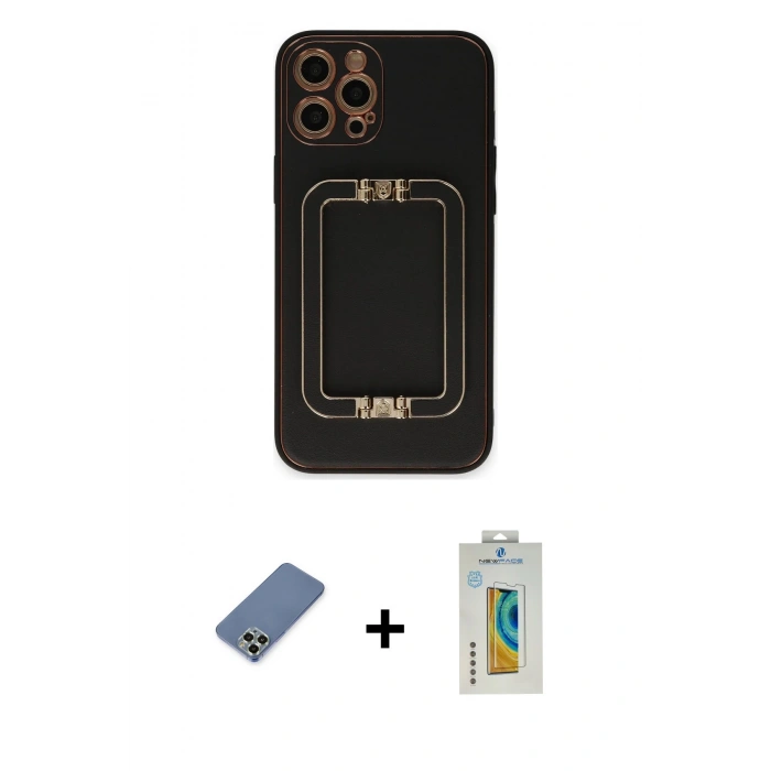 MARSİLYAN™- iPhone 12 Pro Kılıf Kozmos Minimal Prime - Siyah Polymer Nano Ekran Koruyucu + Açık Yeşil Metal Kamera Lens Koruma Cam