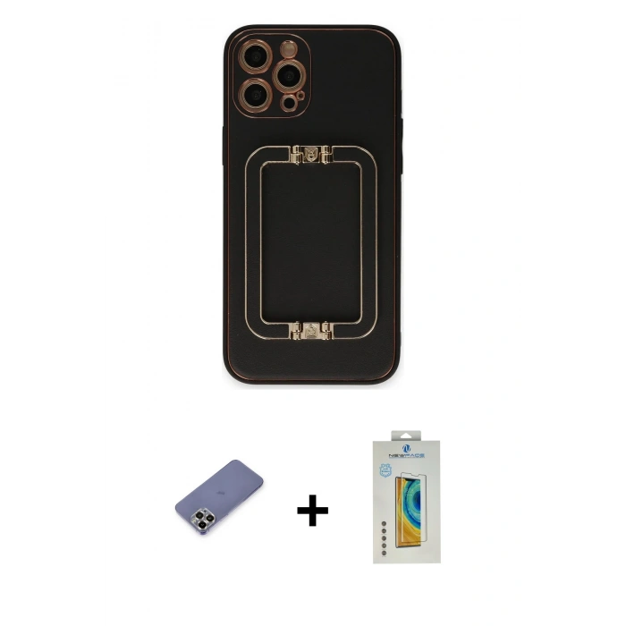 MARSİLYAN™- iPhone 12 Pro Kılıf Kozmos Minimal Prime - Siyah Polymer Nano Ekran Koruyucu + Metal Kamera Lens Koruma Cam - GD