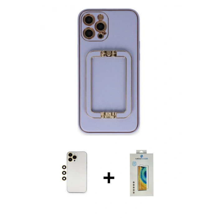 MARSİLYAN™- iPhone 12 Pro Kılıf Kozmos Minimal Prime - Siyah Polymer Nano Ekran Koruyucu + Gold Shine Kamera Lens