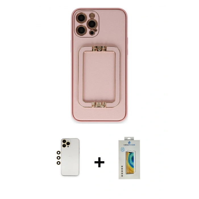 MARSİLYAN™- iPhone 12 Pro Kılıf Kozmos Minimal Prime - Siyah Polymer Nano Ekran Koruyucu + Gold Shine Kamera Lens