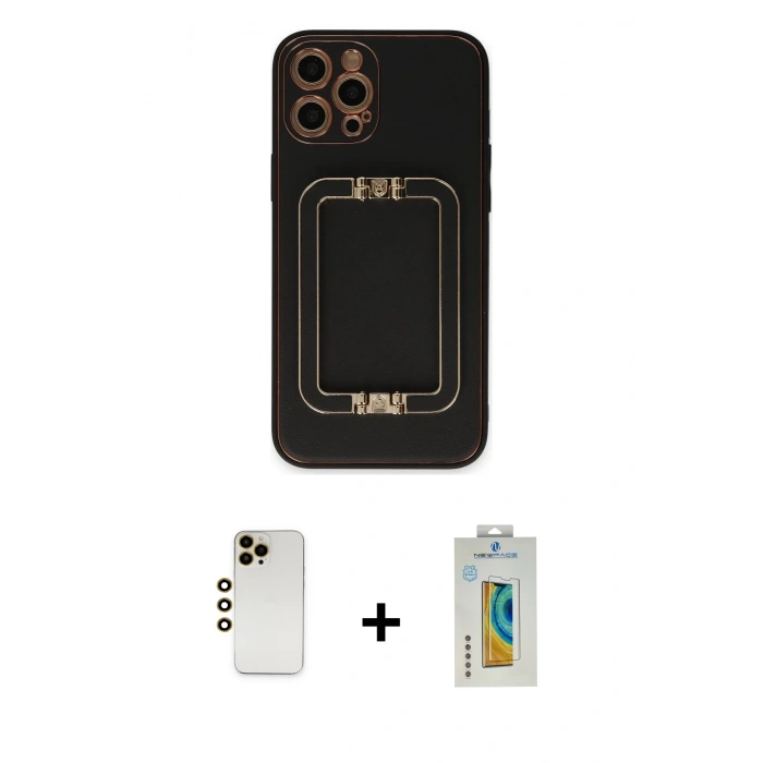 MARSİLYAN™- iPhone 12 Pro Kılıf Kozmos Minimal Prime - Siyah Polymer Nano Ekran Koruyucu + Gold Shine Kamera Lens