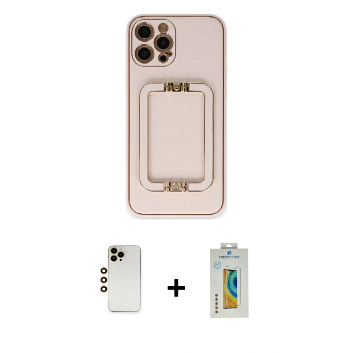 MARSİLYAN™- iPhone 12 Pro Kılıf Kozmos Minimal Prime - Siyah Polymer Nano Ekran Koruyucu + Gold Shine Kamera Lens
