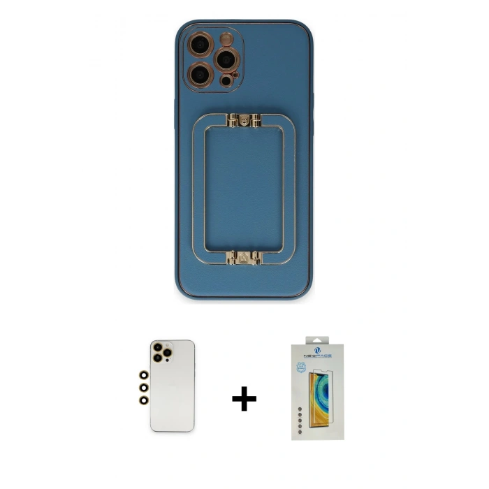 MARSİLYAN™- iPhone 12 Pro Kılıf Kozmos Minimal Prime - Siyah Polymer Nano Ekran Koruyucu + Gold Shine Kamera Lens