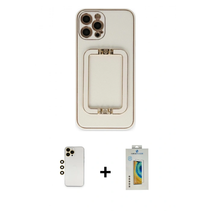 MARSİLYAN™- iPhone 12 Pro Kılıf Kozmos Minimal Prime - Siyah Polymer Nano Ekran Koruyucu + Gold Shine Kamera Lens