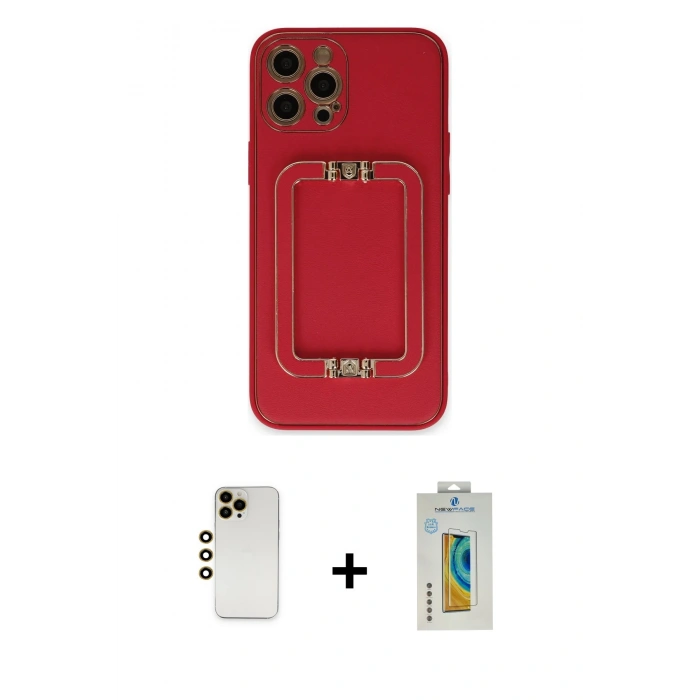 MARSİLYAN™- iPhone 12 Pro Kılıf Kozmos Minimal Prime - Siyah Polymer Nano Ekran Koruyucu + Gold Shine Kamera Lens
