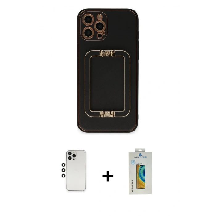 MARSİLYAN™- iPhone 12 Pro Kılıf Kozmos Minimal Prime - Siyah Polymer Nano Ekran Koruyucu + Shine Kamera Lens - GS