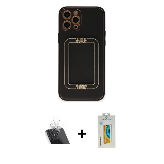 MARSİLYAN™- iPhone 12 Pro Kılıf Kozmos Minimal Prime - Siyah Polymer Nano Ekran Koruyucu + Kamera Lens Koruma Cam - SF