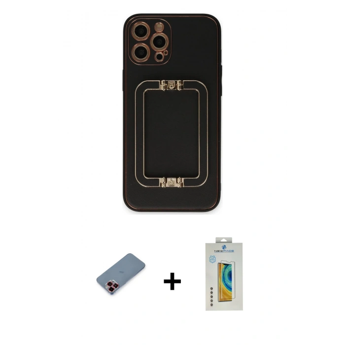 MARSİLYAN™- iPhone 12 Pro Kılıf Kozmos Minimal Prime - Siyah Polymer Nano Ekran Koruyucu + Metal Kamera Lens Koruma Cam - KI