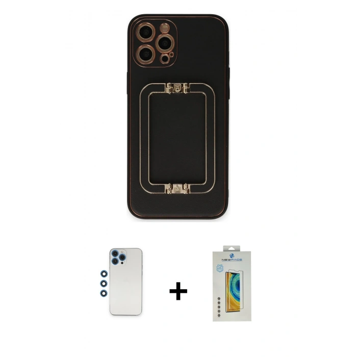 MARSİLYAN™- iPhone 12 Pro Kılıf Kozmos Minimal Prime - Siyah Polymer Nano Ekran Koruyucu + Shine Kamera Lens - MI