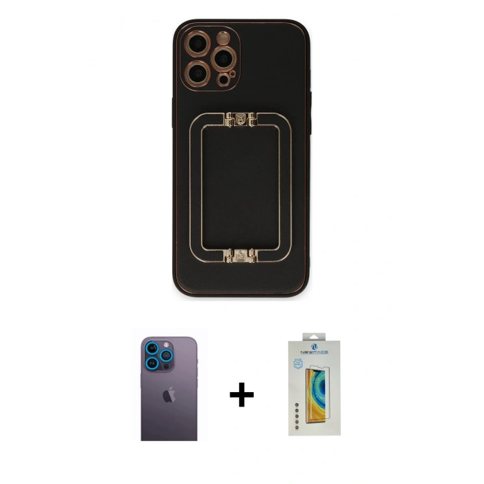 MARSİLYAN™- iPhone 12 Pro Kılıf Kozmos Minimal Prime - Siyah Polymer Nano Ekran Koruyucu + Neon Fosforlu Kamera Lens - MI
