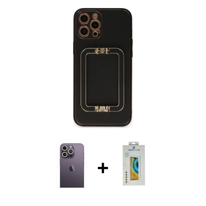 MARSİLYAN™- iPhone 12 Pro Kılıf Kozmos Minimal Prime - Siyah Polymer Nano Ekran Koruyucu + Neon Fosforlu Kamera Lens - BZ
