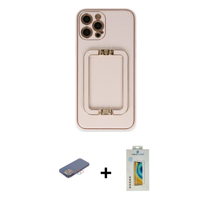 MARSİLYAN™- iPhone 12 Pro Kılıf Kozmos Minimal Prime - Siyah Polymer Nano Ekran Koruyucu + Renkli Kamera Lens Koruma Cam - PE