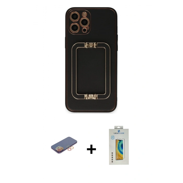 MARSİLYAN™- iPhone 12 Pro Kılıf Kozmos Minimal Prime - Siyah Polymer Nano Ekran Koruyucu + Renkli Kamera Lens Koruma Cam - TU