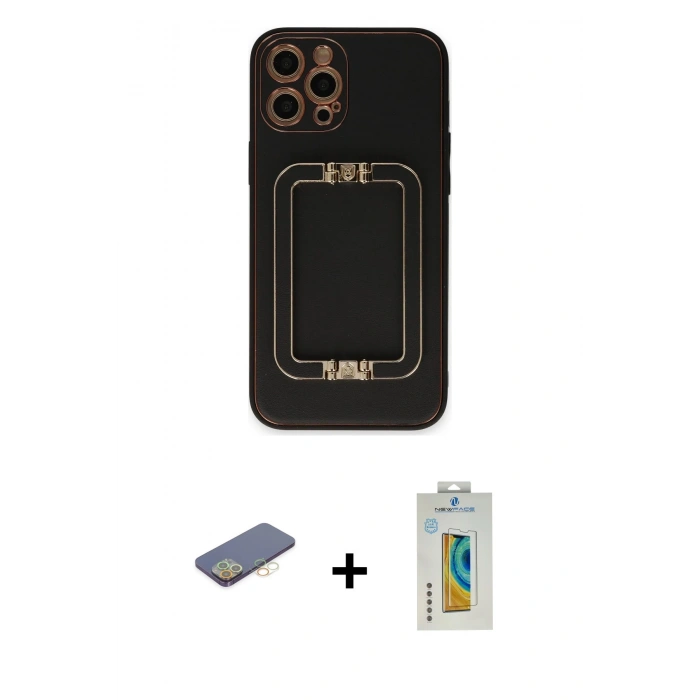 MARSİLYAN™- iPhone 12 Pro Kılıf Kozmos Minimal Prime - Siyah Polymer Nano Ekran Koruyucu + Renkli Kamera Lens Koruma Cam - SI