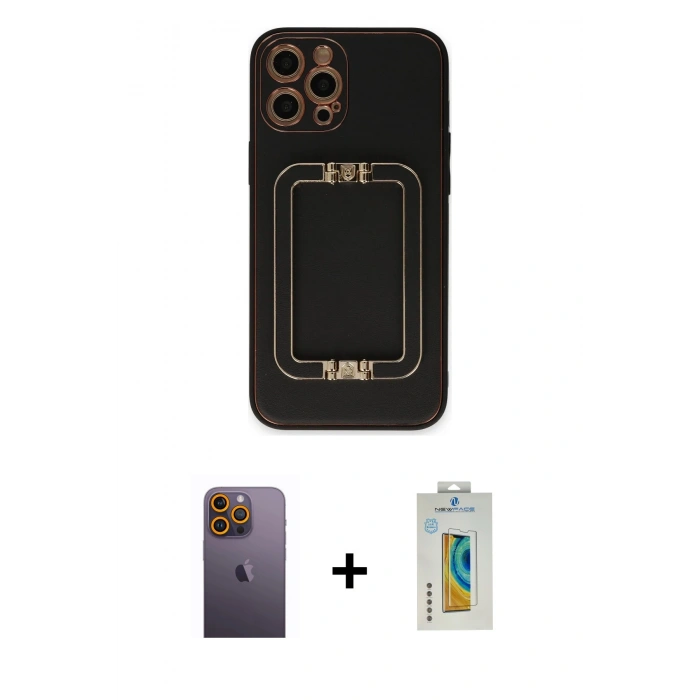 MARSİLYAN™- iPhone 12 Pro Kılıf Kozmos Minimal Prime - Siyah Polymer Nano Ekran Koruyucu + Sarı Neon Fosforlu Kamera Lens