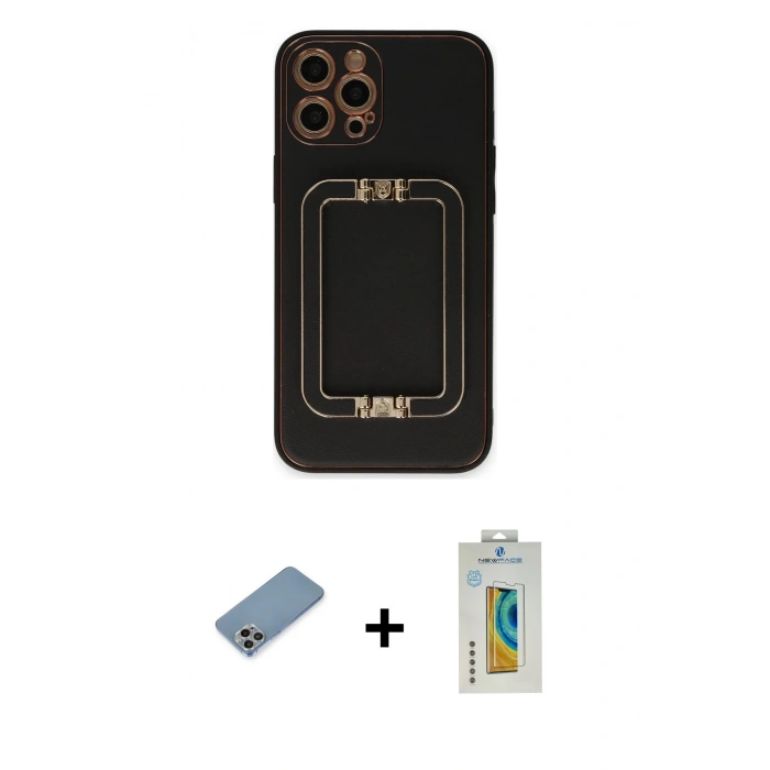 MARSİLYAN™- iPhone 12 Pro Kılıf Kozmos Minimal Prime - Siyah Polymer Nano Ekran Koruyucu + Shine Kamera Lens Koruma Cam - GI