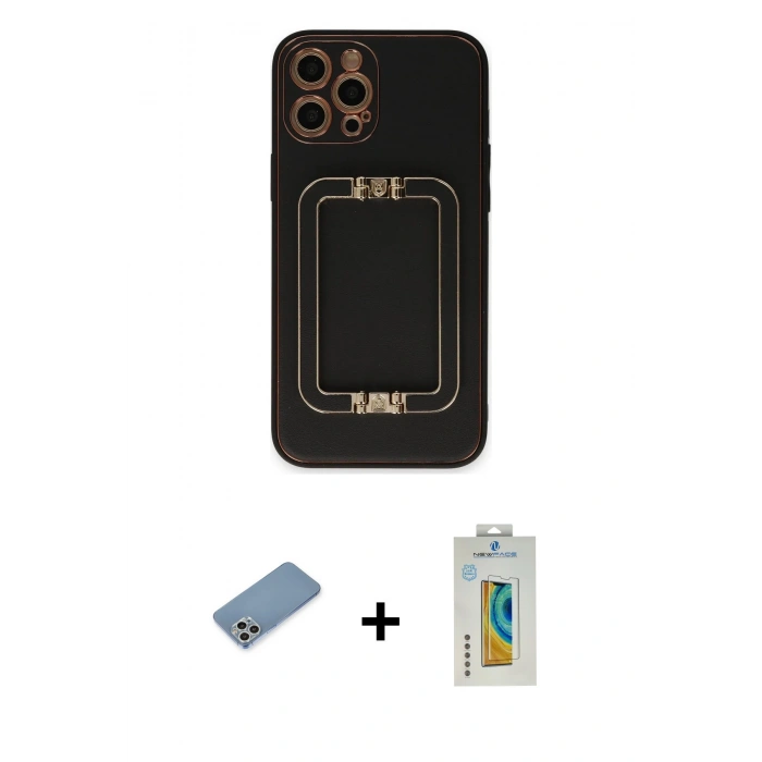 MARSİLYAN™- iPhone 12 Pro Kılıf Kozmos Minimal Prime - Siyah Polymer Nano Ekran Koruyucu + Shine Kamera Lens Koruma Cam - GS