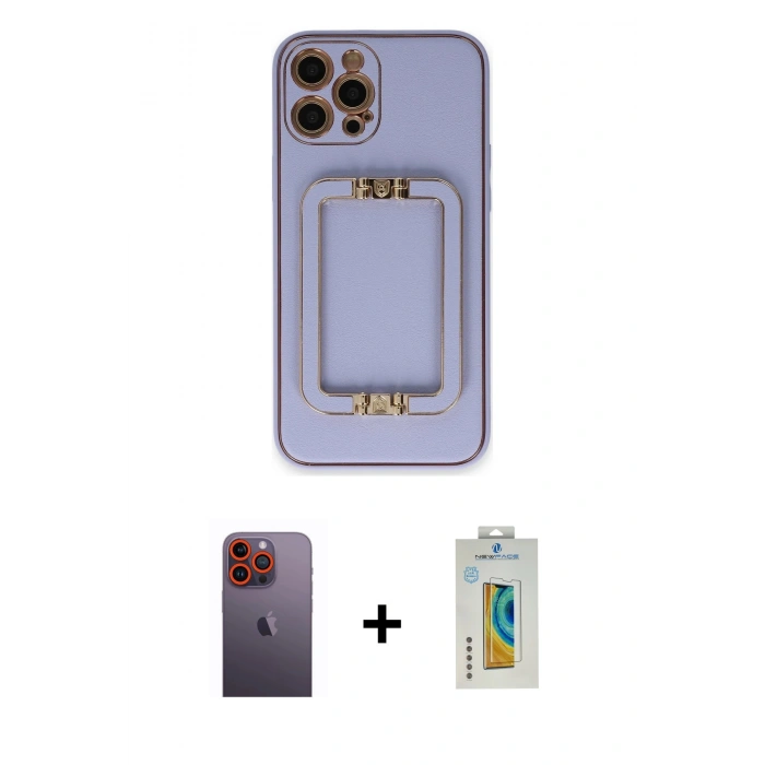 MARSİLYAN™- iPhone 12 Pro Kılıf Kozmos Minimal Prime - Siyah Polymer Nano Ekran Koruyucu + Turuncu Neon Fosforlu Kamera Lens