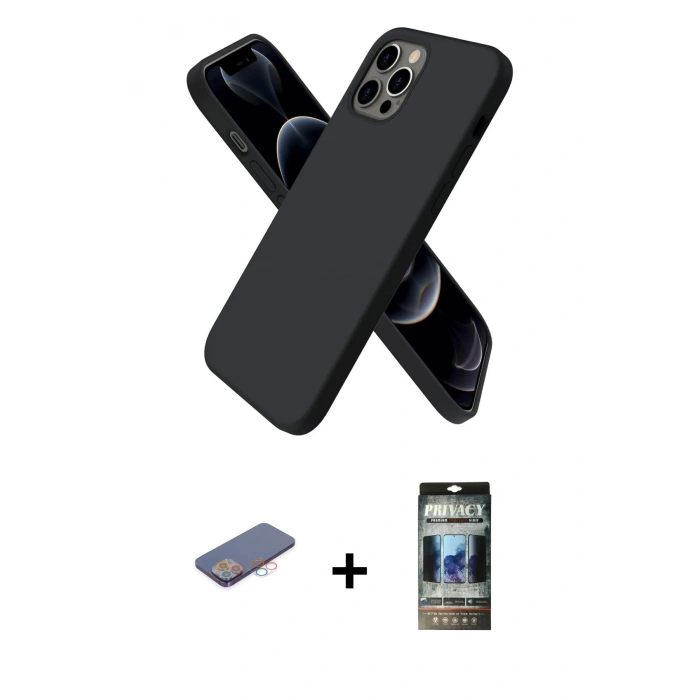 MARSİLYAN™- iPhone 12 Pro Kılıf Kozmos Yansıma Özel Seri - Siyah 34D Hayalet Izgaralı Cam + Renkli Kamera Lens Koruma Cam - PE