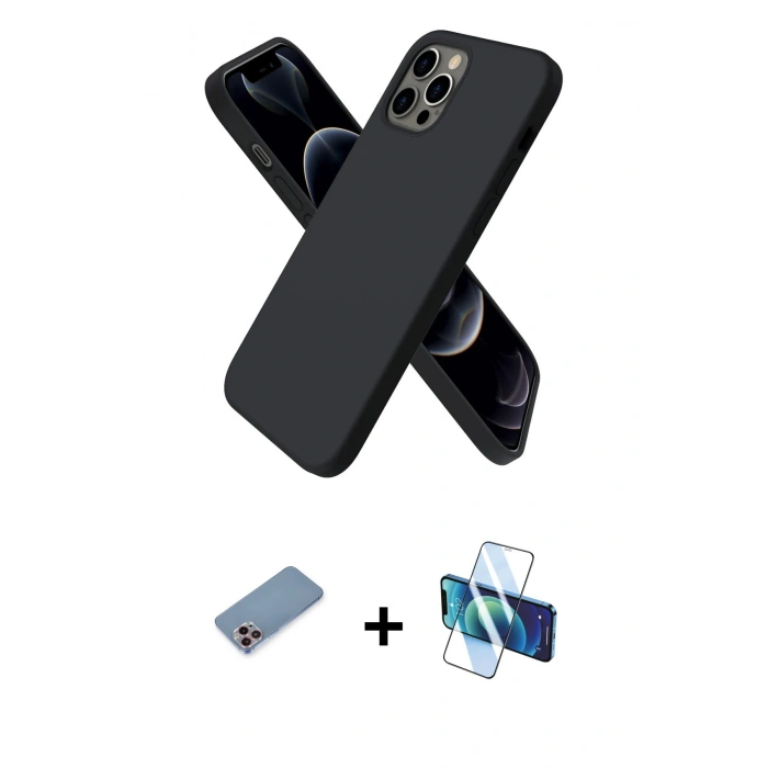 MARSİLYAN™- iPhone 12 Pro Kılıf Kozmos Yansıma Özel Seri - Siyah 3D Antistatik Cam Ekran Koruyucu + Shine Kamera Lens Koruma Cam - PE