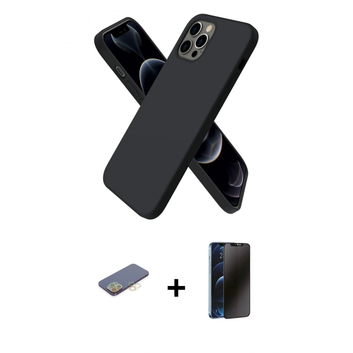 MARSİLYAN™- iPhone 12 Pro Kılıf Kozmos Yansıma Özel Seri - Siyah 3D Antistatik Hayalet Cam Ekran Koruyucu + Renkli Kamera Lens Koruma Cam - SI
