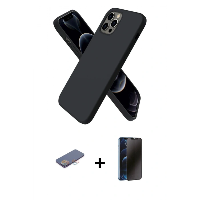 MARSİLYAN™- iPhone 12 Pro Kılıf Kozmos Yansıma Özel Seri - Siyah 3D Antistatik Hayalet Cam Ekran Koruyucu + Renkli Kamera Lens Koruma Cam - PE