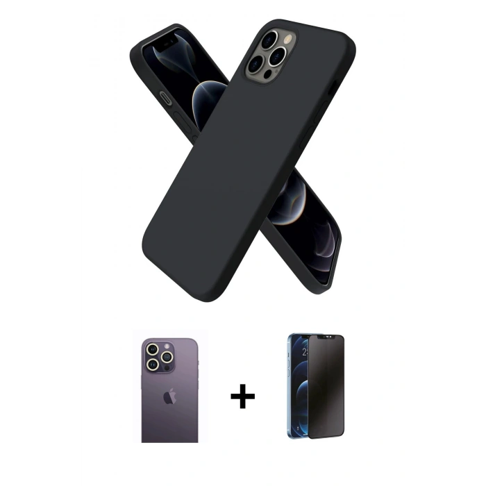 MARSİLYAN™- iPhone 12 Pro Kılıf Kozmos Yansıma Özel Seri - Siyah 3D Antistatik Hayalet Cam Ekran Koruyucu + Beyaz Neon Fosforlu Kamera Lens