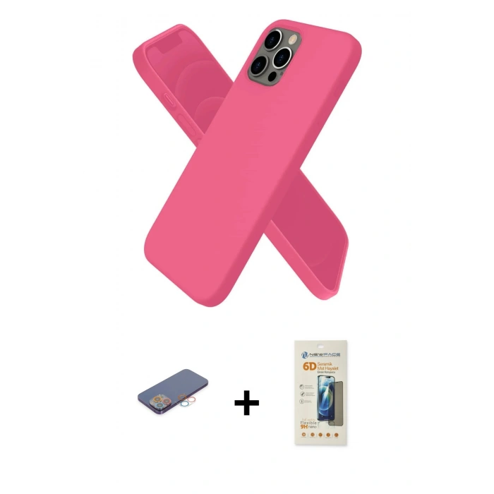 MARSİLYAN™- iPhone 12 Pro Kılıf Kozmos Yansıma Özel Seri - Siyah 6D Mat Seramik Hayalet Nano Ekran Koruyucu + Pembe Renkli Kamera Lens Koruma Cam