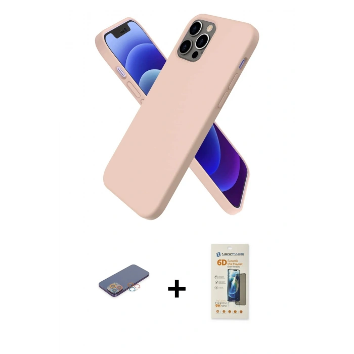 MARSİLYAN™- iPhone 12 Pro Kılıf Kozmos Yansıma Özel Seri - Siyah 6D Mat Seramik Hayalet Nano Ekran Koruyucu + Pembe Renkli Kamera Lens Koruma Cam