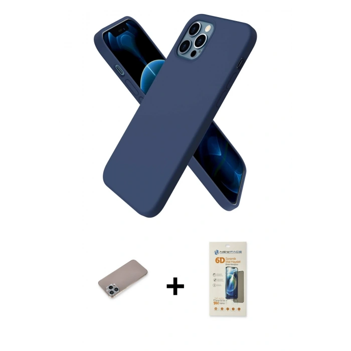 MARSİLYAN™- iPhone 12 Pro Kılıf Kozmos Yansıma Özel Seri - Siyah 6D Mat Seramik Hayalet Nano Ekran Koruyucu + Sierra Blue Shine Kamera Lens Koruma Cam