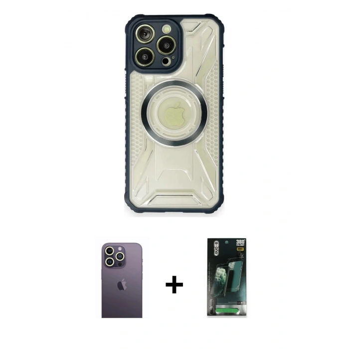 MARSİLYAN™- iPhone 12 Pro Kılıf Kutup Modern - Şeffaf 360 Full Body Arka Koruyucu + Neon Fosforlu Kamera Lens - BZ