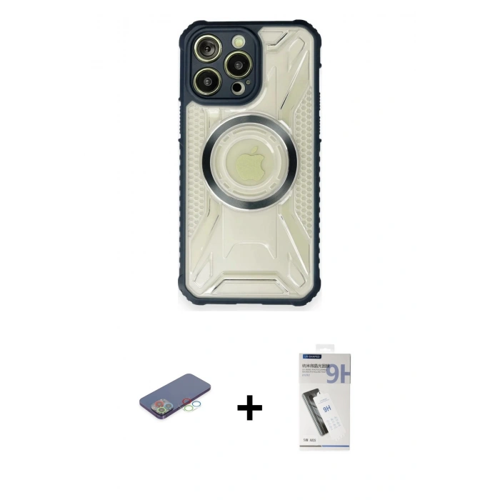 MARSİLYAN™- iPhone 12 Pro Kılıf Kutup Modern - Şeffaf Uv Polymer Nano Ekran Koruyucu + Mavi Renkli Kamera Lens Koruma Cam