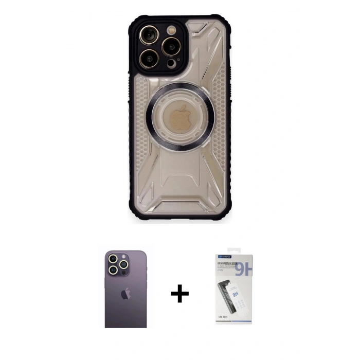 MARSİLYAN™- iPhone 12 Pro Kılıf Kutup Modern - Şeffaf Uv Polymer Nano Ekran Koruyucu + Neon Fosforlu Kamera Lens - BZ