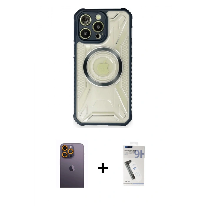 MARSİLYAN™- iPhone 12 Pro Kılıf Kutup Modern - Şeffaf Uv Polymer Nano Ekran Koruyucu + Neon Fosforlu Kamera Lens - SI